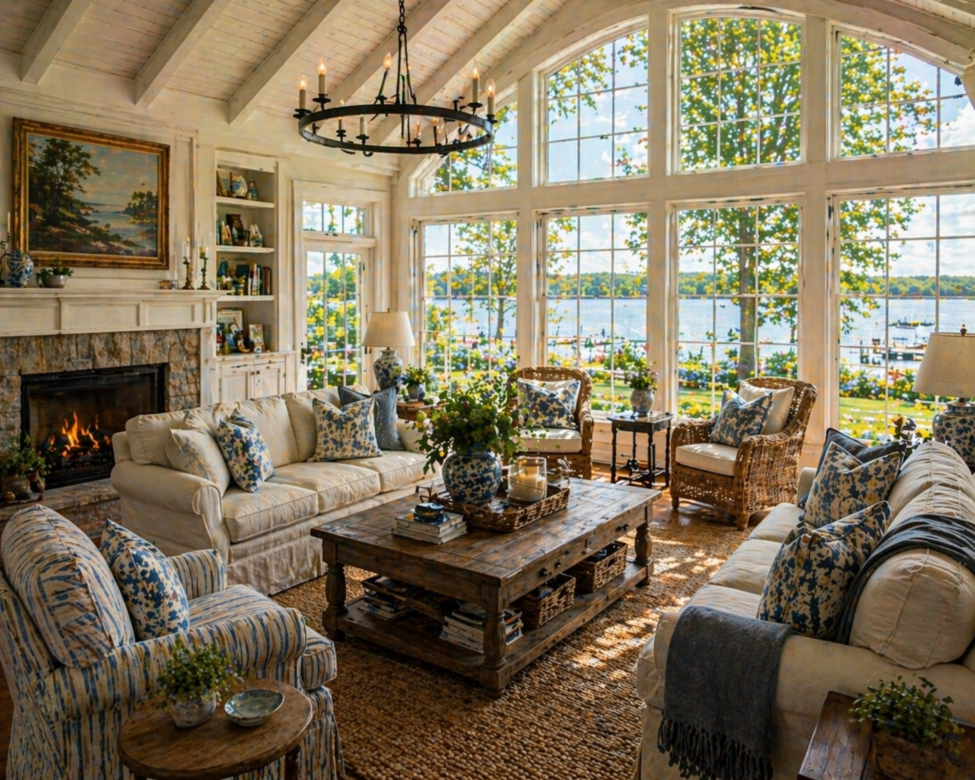 Southern NH real estate market lakefront living room with vaulted beams and fireplace