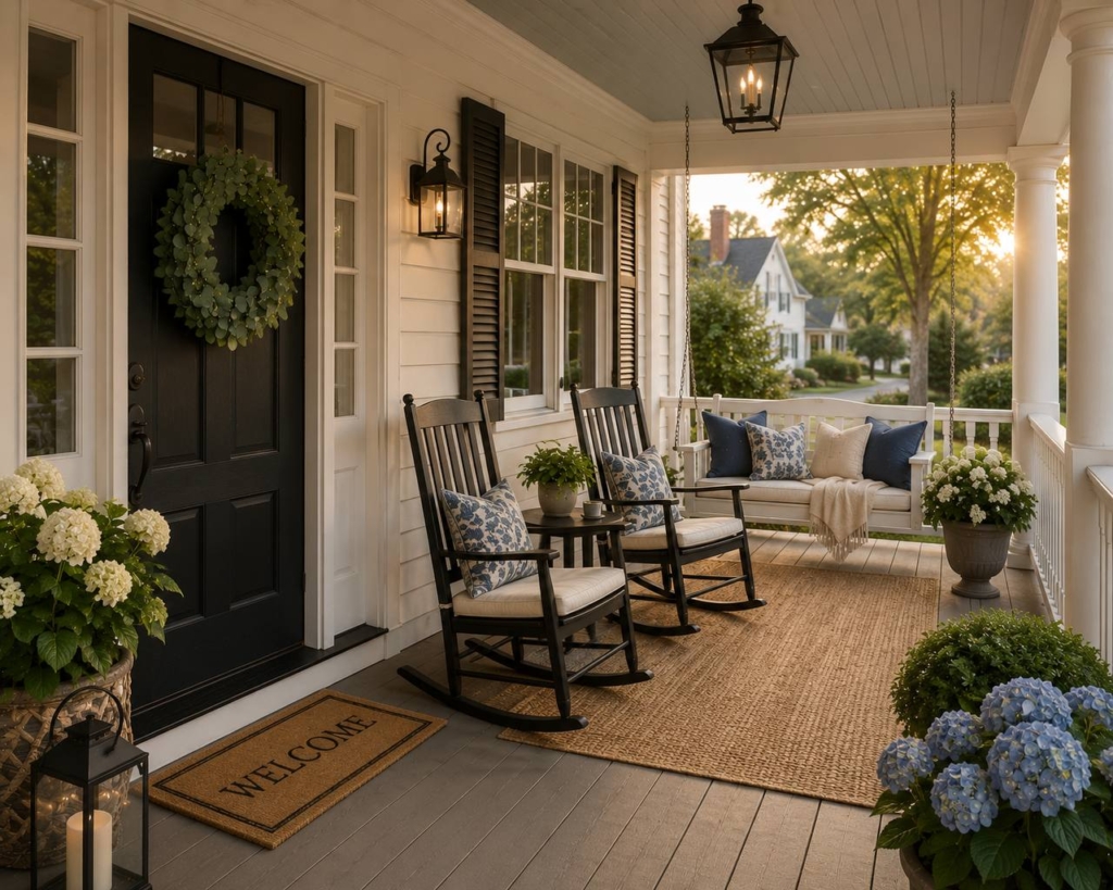 Welcoming New England front porch with rocking chairs and hydrangeas in Southern New Hampshire