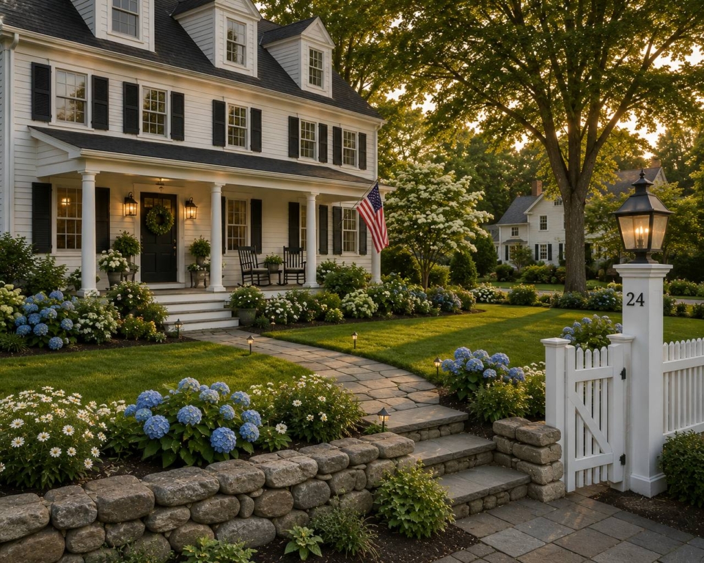 Hillsborough County new england colonial home with hydrangeas and white picket fence