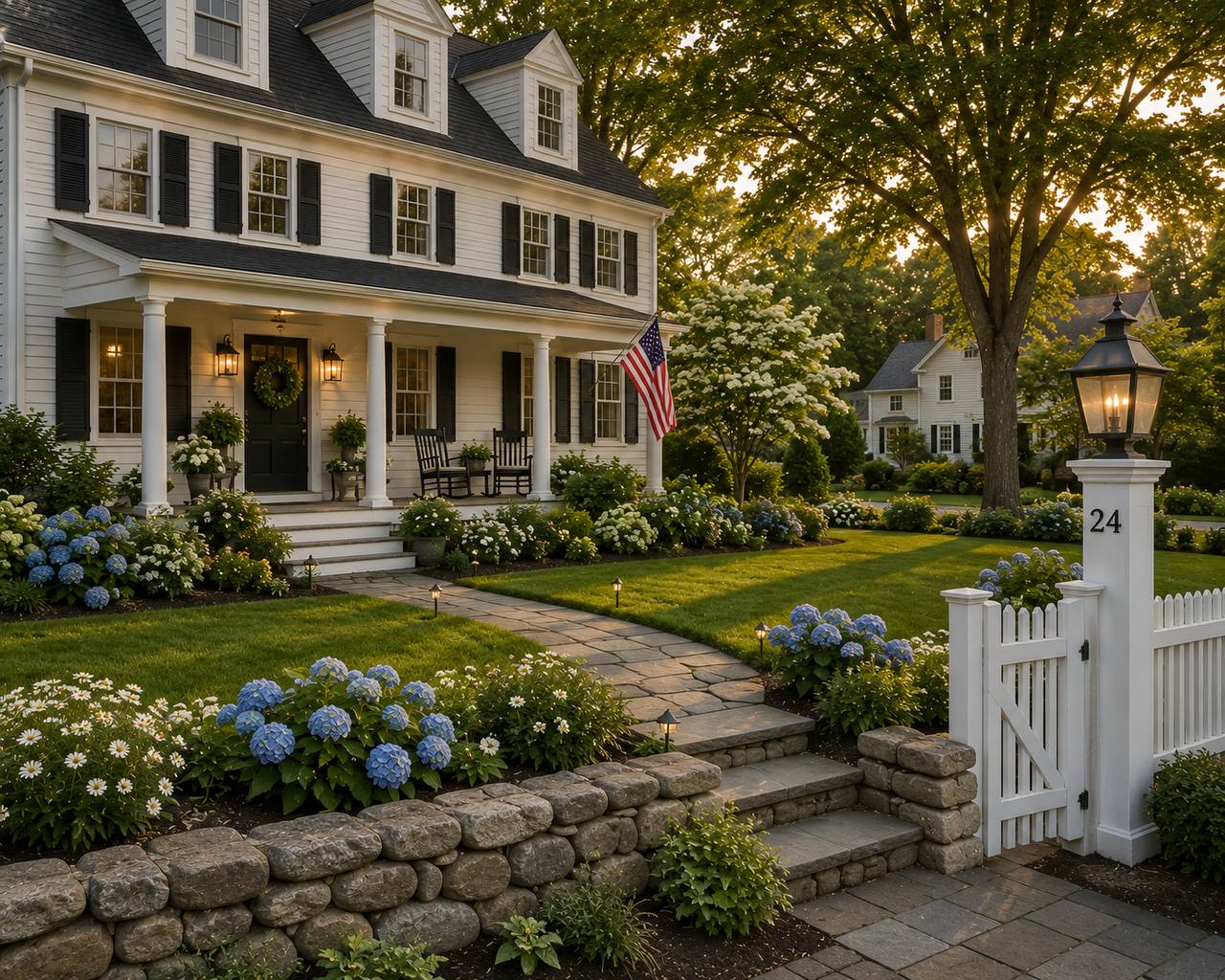 Hillsborough County new england colonial home with hydrangeas and white picket fence