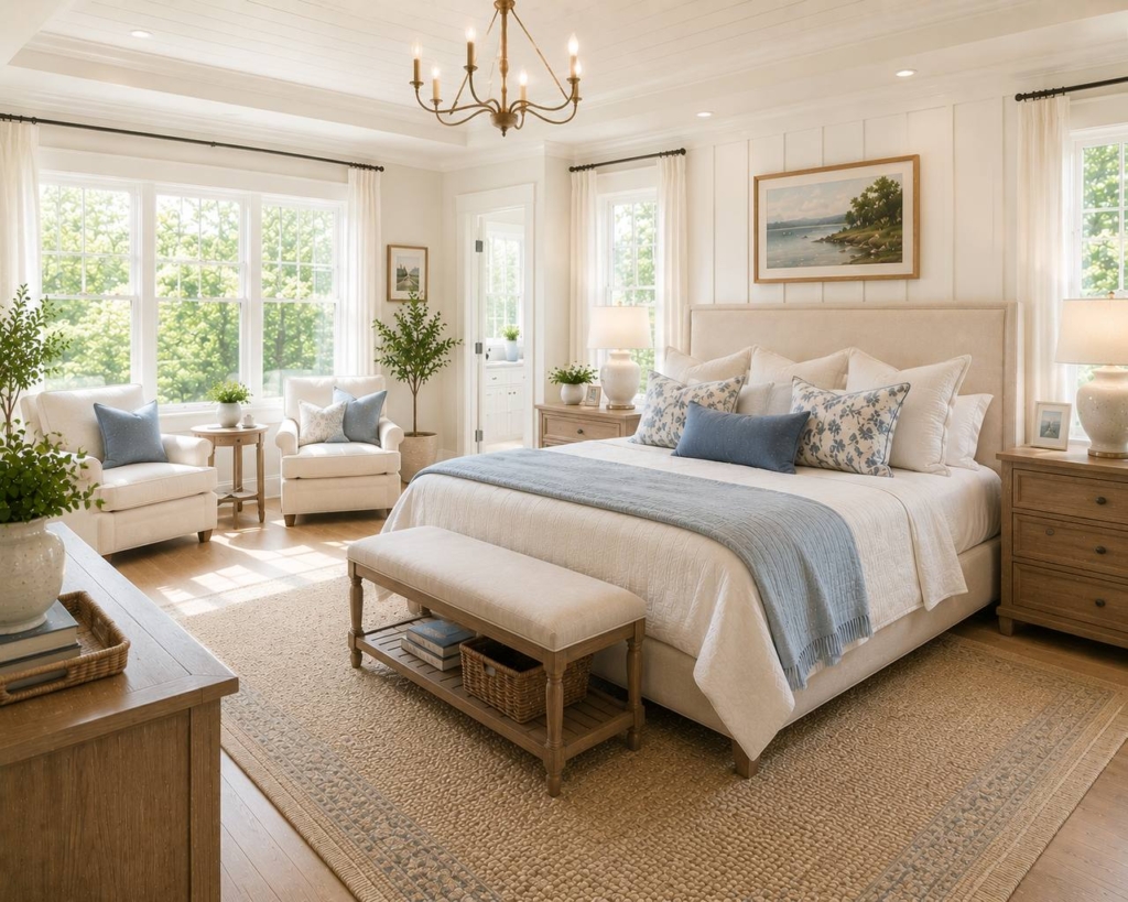 Modern serene New England primary bedroom with upholstered headboard and divided-light windows, representing why Southern NH homes sell faster than the national average