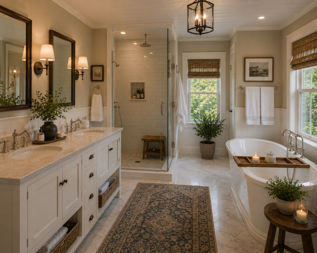 Spa style primary bathroom with soaker tub and glass shower in Southern NH home