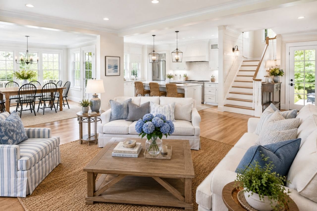 Bright open-concept New England coastal great room with white shiplap, cream furniture and navy island kitchen