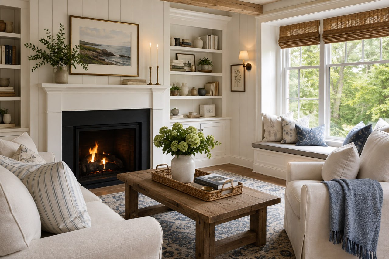 Cozy classic New England coastal living room with fireplace and built-in bookshelves