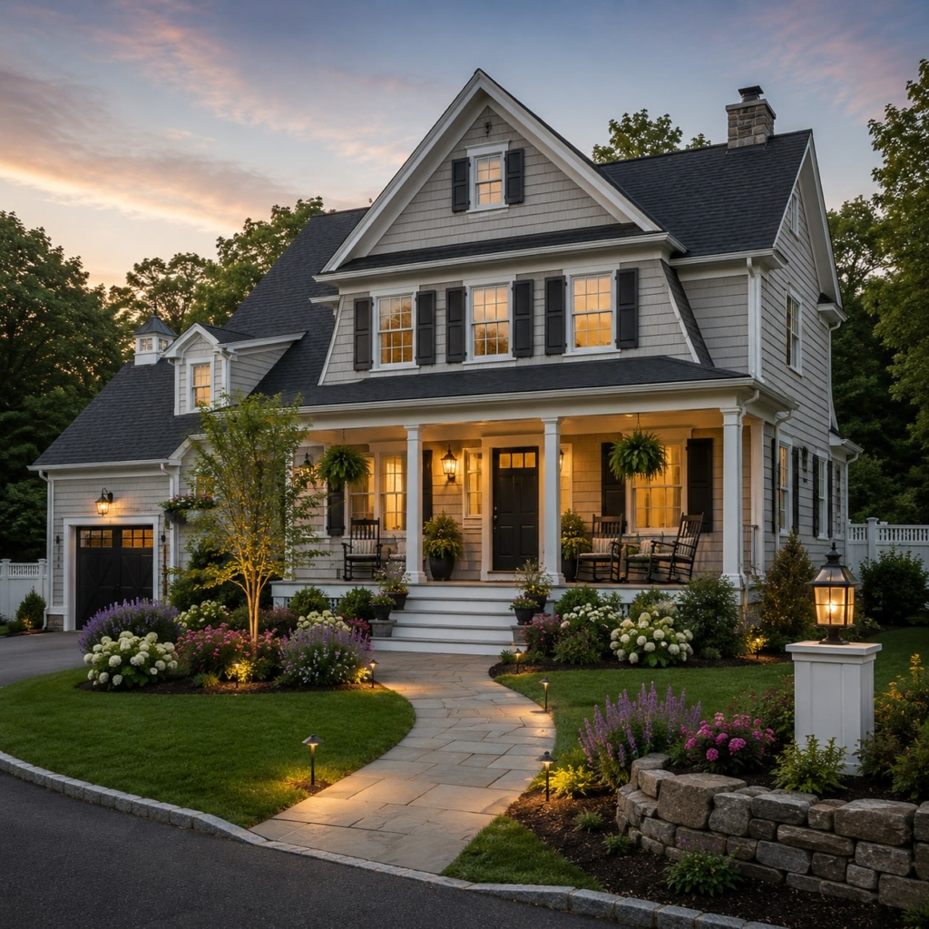 Southern NH home prices rising, dusk exterior of a shingle style New England colonial home
