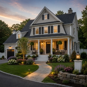 Southern NH home prices rising, dusk exterior of a shingle style New England colonial home