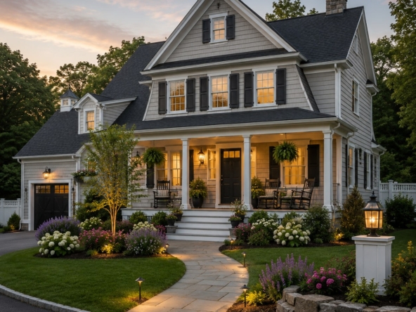 Southern NH home prices rising, dusk exterior of a shingle style New England colonial home