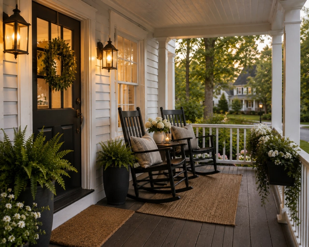 Covered front porch at dusk on a New England colonial, curb appeal in Southern NH towns