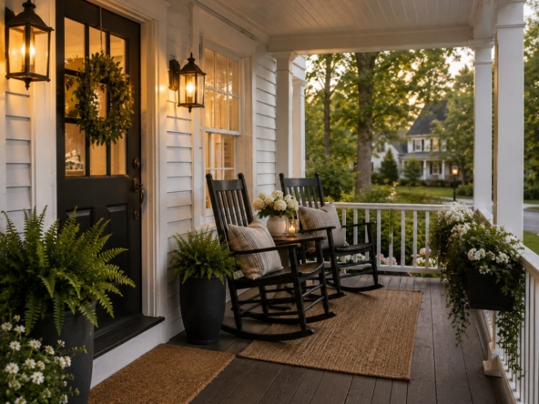 Covered front porch at dusk on a New England colonial, curb appeal in Southern NH towns